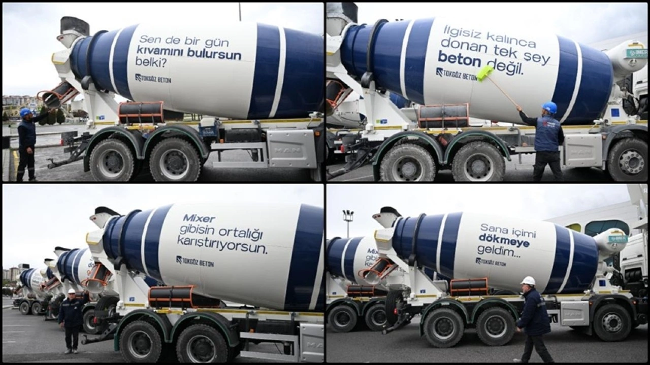 Beton mikserlerinin üzerindeki esprili sözler gülümsetiyor