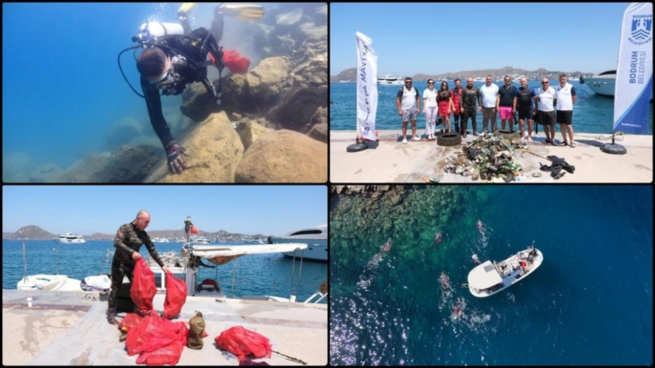 Bodrum'da gönüllü dalgıçlar deniz dibinden 161 kilogram atık çıkardı