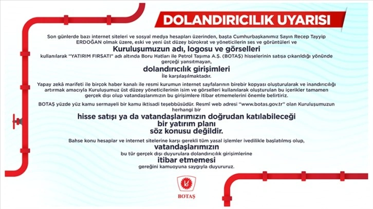 BOTAŞ'tan dolandırıcılık girişimlerine ilişkin açıklama