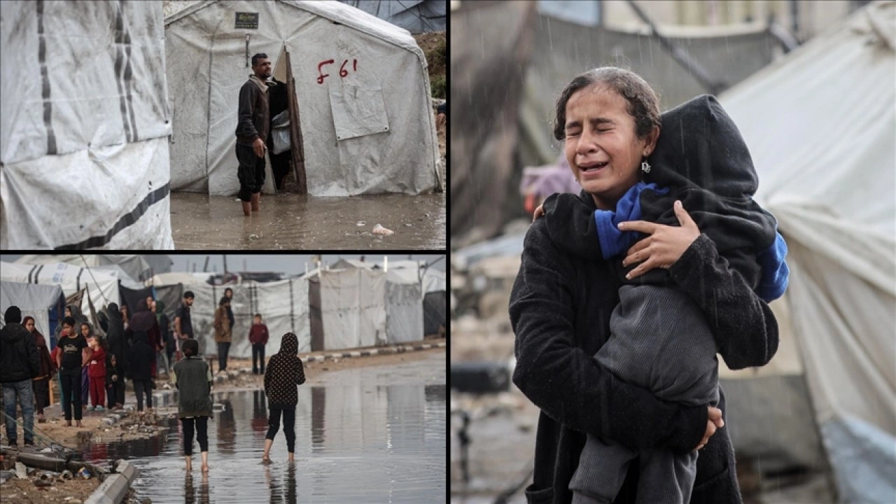 Gazze'de yoğun yağış nedeniyle İsrail saldırılarında evleri yıkılanların kaldığı çadırları su b