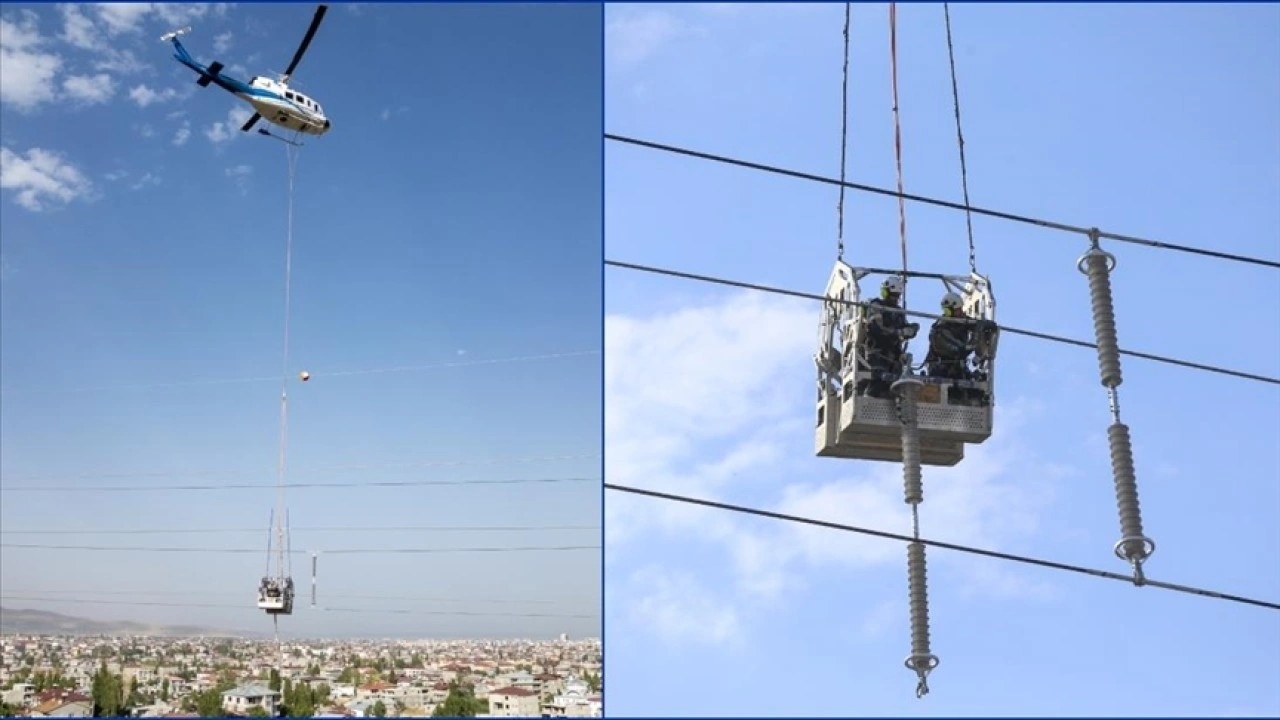 Kesintisiz enerji için helikoptere bağlı sepette saatlerce mesai yapıyorlar