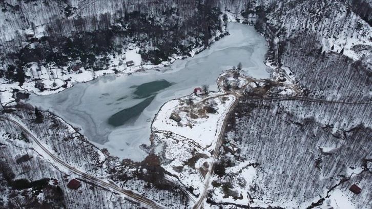 Sakarya'daki Keremali Gölü'nün yüzeyi buz tuttu