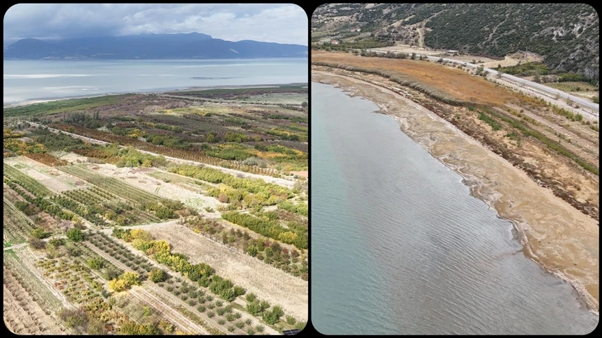 Isparta'da sonbahar renklerine bürünen Eğirdir Gölü havadan görüntülendi