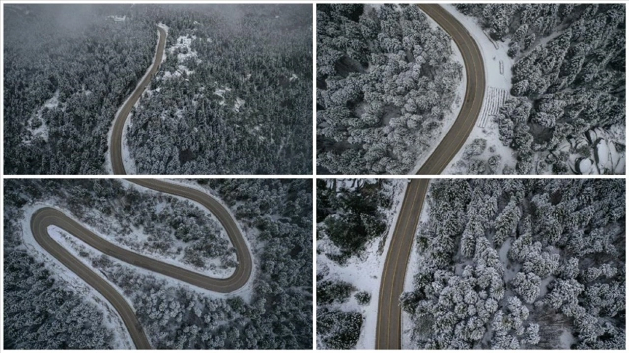 Uludağ'ın beyaza bürünen kıvrımlı yolları havadan görüntülendi