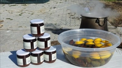 Ayvalık'ta kadın emeğiyle odun ateşinde 8 saat kaynatılan kozalak şuruba d&ouml;n&uuml;ş&uuml;yor