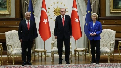 Cumhurbaşkanı Erdoğan, AB Konseyi Başkanı Costa ve AB Komisyonu Başkanı von der Leyen ile g&ouml;r&uuml;şt&uuml;