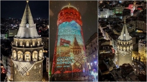 İstanbul'da Galata Kulesi'ne Filistin kefiyesi asıldı