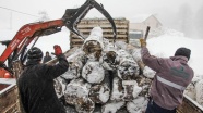 İstif işçilerinin 2 metrelik karda zorlu kış mesaisi
