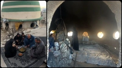 Ramazan ayının buruk ge&ccedil;tiği Gazze'de Filistinli aile yıkılan caminin kubbesinde iftar yapıyor