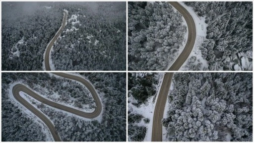 Uludağ'ın beyaza bürünen kıvrımlı yolları havadan görüntülendi
