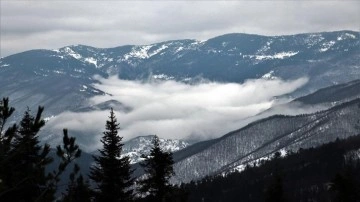 Yaralıgöz Dağı'nda kar ve sis havadan görüntülendi