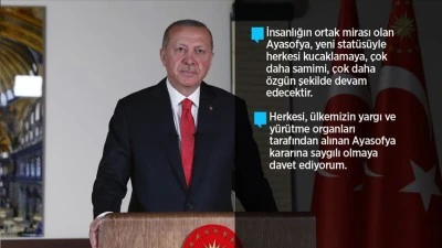 Cumhurbaşkanı Erdoğan'dan, Ayasofya-i Kebir Cami-i Şerifi'nin ibadete açılmasının yıl dönümü mesajı